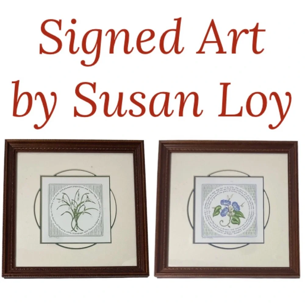 Vintage Signed Art Pictures Susan Loy Literary Snowdrops Hope & Morning Glories